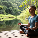 A person practicing mindfulness meditation in a serene natural setting, disconnecting from digital devices, promoting mental well-being.