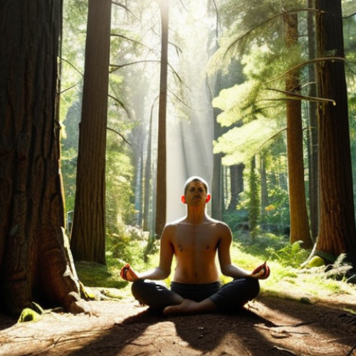 A person peacefully meditating in a sun-drenched forest, surrounded by tall trees and dappled light, emphasizing mindfulness and connection with nature.