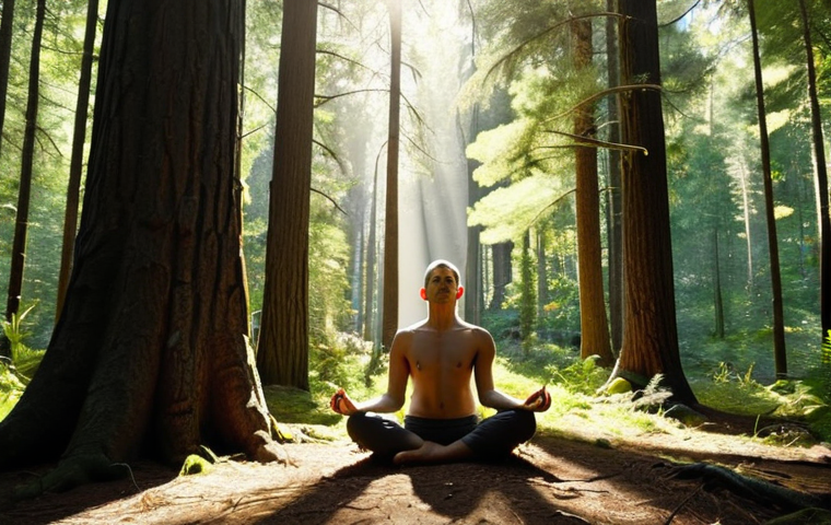 A person peacefully meditating in a sun-drenched forest, surrounded by tall trees and dappled light, emphasizing mindfulness and connection with nature.